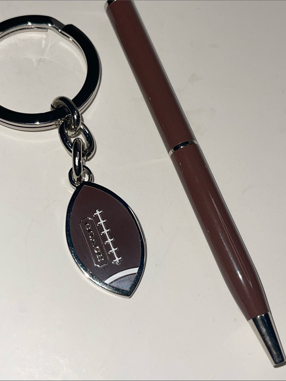 Coach Brown Enamel Football Keychain with Silver Hardware and Coach Pen - Picture 2 of 6